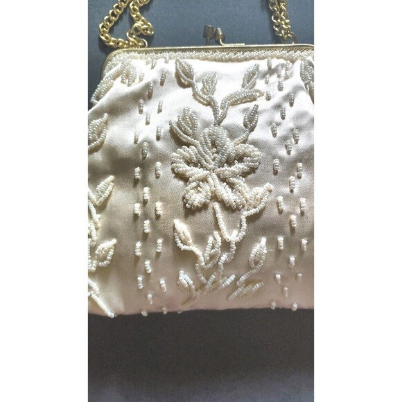 Vintage Beaded Purse Handbag Satin Beige Gold Chain Handmade Glam 1950s Style - Picture 9 of 13